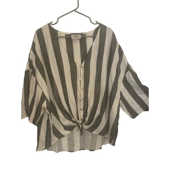 French Laundry Boyfriend Shirt 2X Gray White Stripe Button Up V Neck Lagenlook - Picture 3 of 11